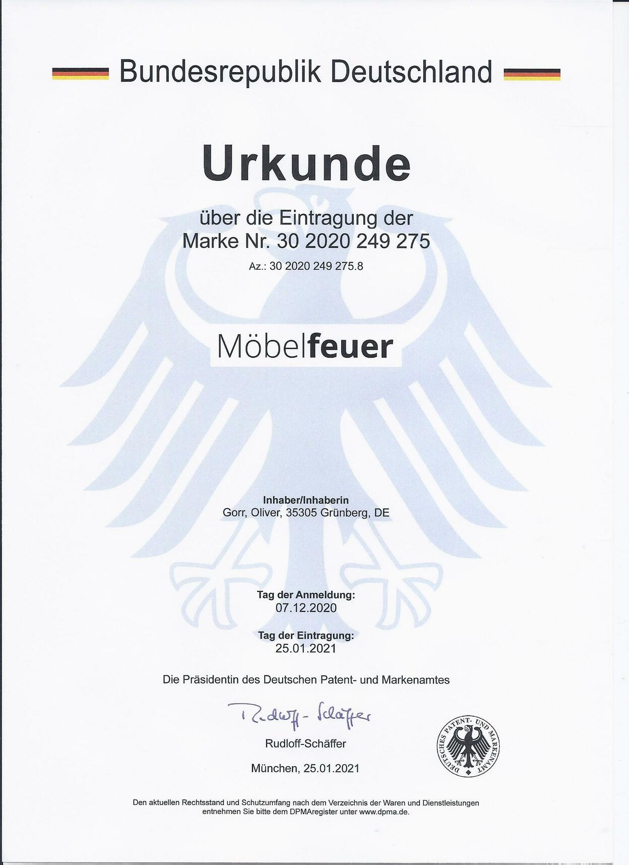 Markeneintragung Möbelfeuer Nun ist unser Möbelfeuer Markenrechtlich geschützt.