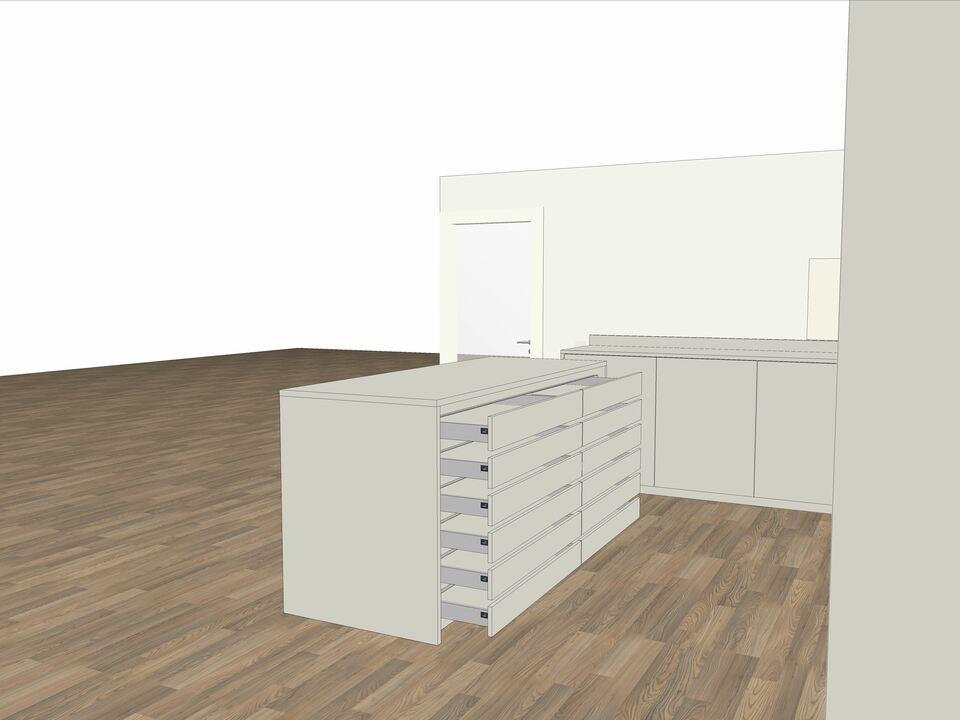 3D-Planung Rückansicht mit geöffneten Schubkästen des Mittelblocks