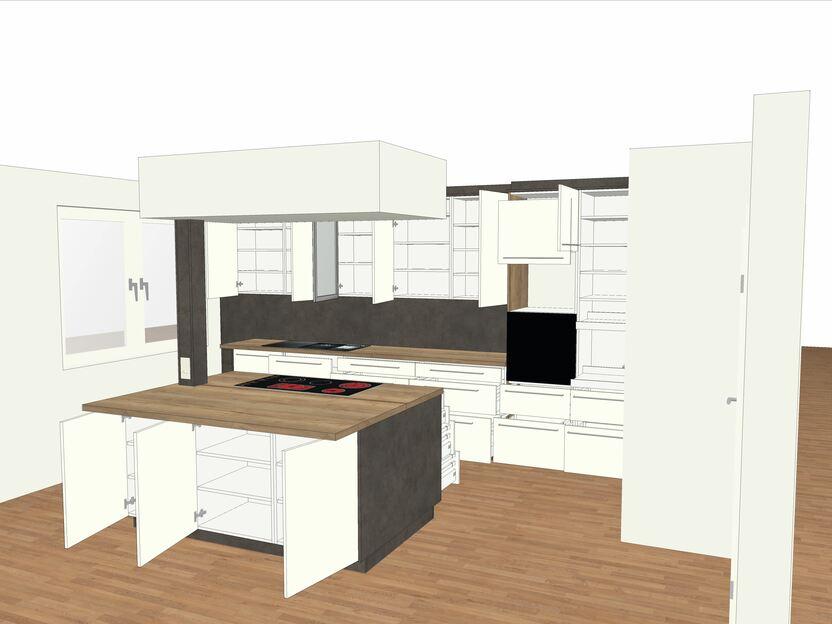 3D-Planung mit geöffenten Küchenschränken