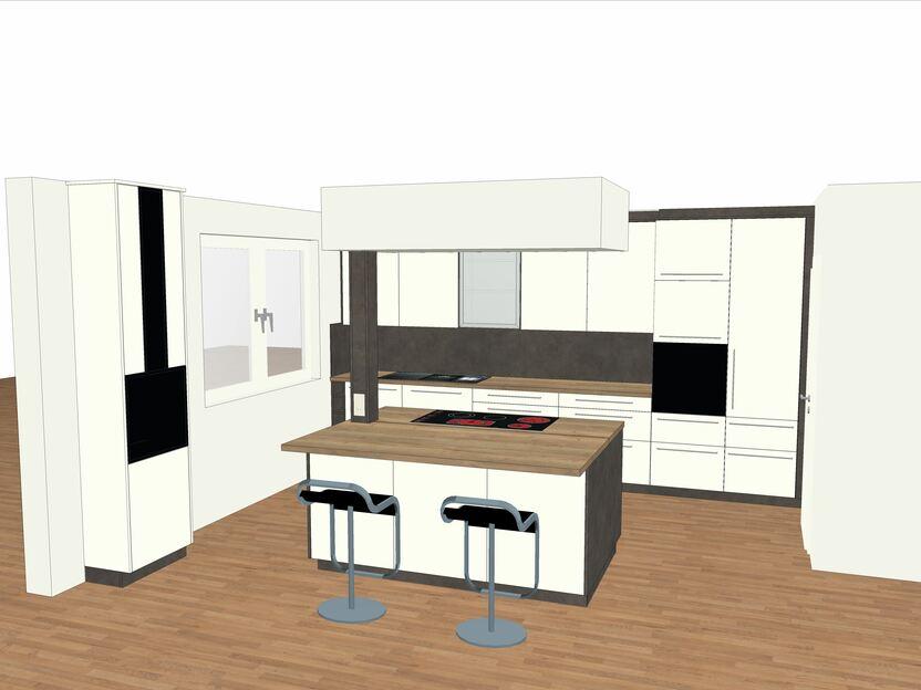 3D-Planung Gesamtansicht Wohnküche mit Möbelfeuer