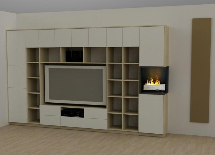 Rendering Wohnwand mit Möbelfeuer Planung der Wohnwand mit Möbelfeuer und Almwiese als gerendertes Bild