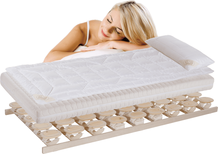 Das RELAX 2000 Schlafsystem bestehend aus Tellerrost, Naturlatexmatratze, Auflage und Kissen Entspannt schlafende Frau auf dem RELAX 2000 Schlafsystem bestehend aus Tellerrost, Naturlatexmatratze, Auflage und Kissen