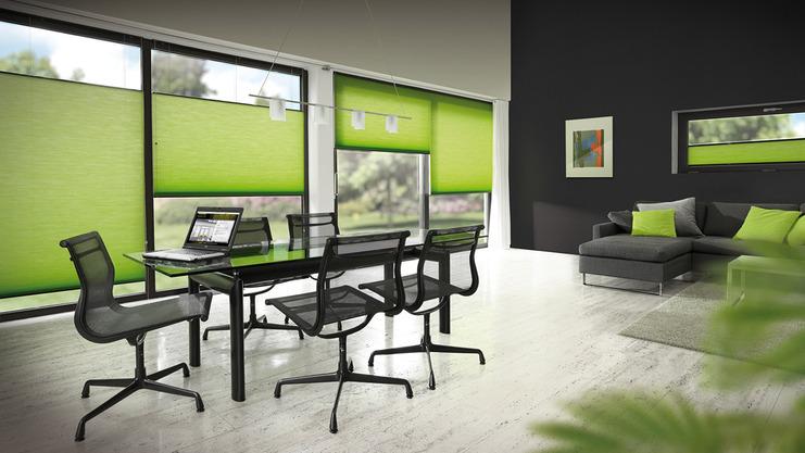 Grüne Plissees vor Fensterfront als Sichtschutz Büro